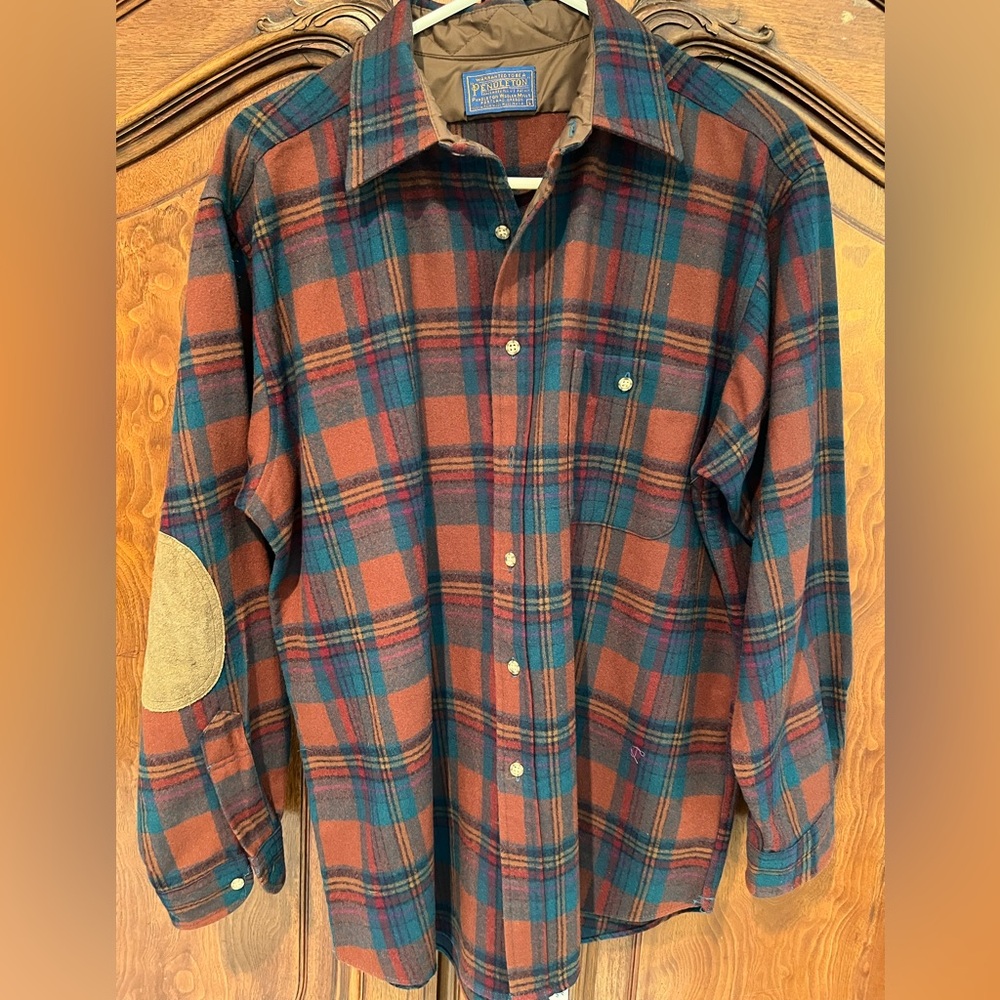 Pendleton Multicolor 100% Wool Shirt w/ suede elbow patches EUC